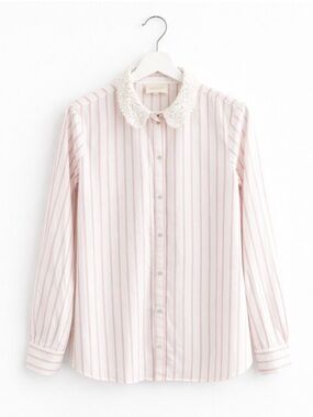 Sezane Gina Pink and White Striped Button-Down Shirt with Lace Collar